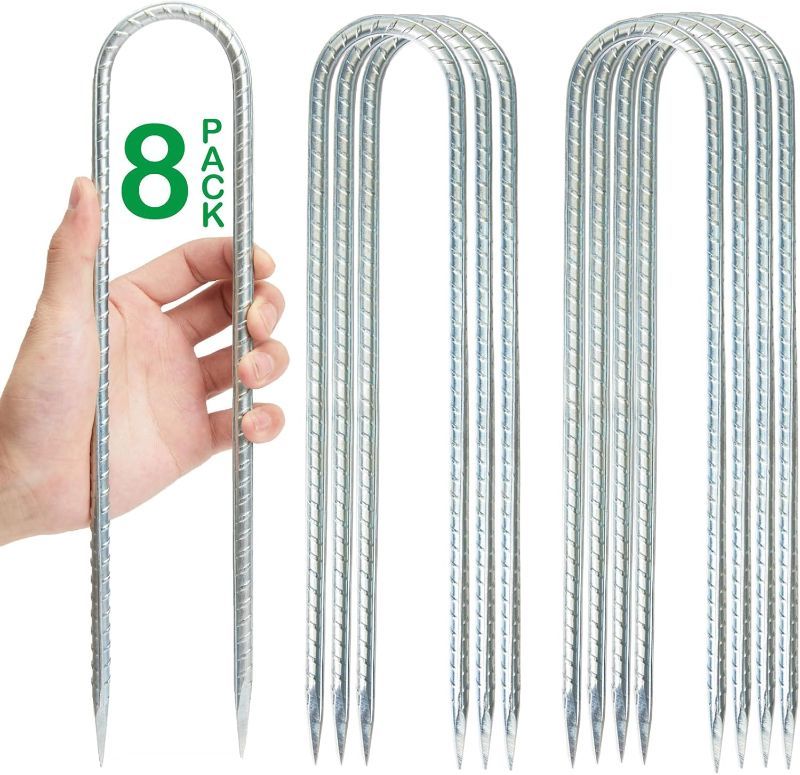 Photo 1 of 12 Inches Trampoline Stakes, Galvanized Rebar Stakes U Shaped Hook Heavy Duty High Wind Stakes for Anchor Tents, Outdoor Decoration, Fence
