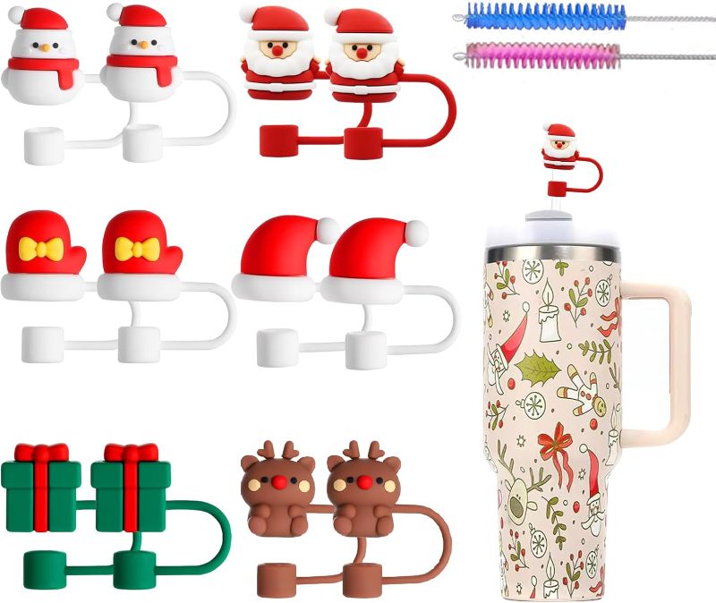 Photo 1 of 14Pcs Cute Silicone Straw Covers Cap,RENUIS Chirstmas Straw Toppers for Tumblers,Reusable Drinking Straw Tip Covers,Dust-Proof Straw Plugs Soft Cap Protector Cover for 6-7mm Straws