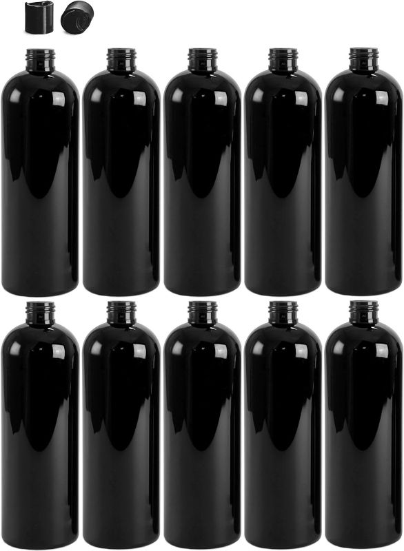 Photo 1 of 16 Ounce Cosmo Round Bottles, PET Plastic Empty Refillable BPA-Free, with Black Press Down Disc Caps (Pack of 10) (Black)
