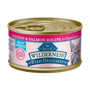 Photo 1 of Blue Buffalo Wilderness Wild Delights Grain-Free Adult Meaty Morsels Chicken & Salmon Recipe Canned Cat Food - 3 Oz, Case of 24 exp apr 2027
