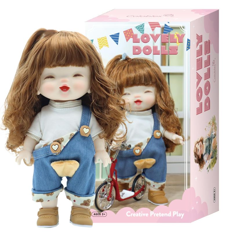 Photo 2 of 11-inch Poseable Fashion Doll - Dolls with Brown Hair, Wearing Denim Overalls, Suitable for Girls Age 3 & Up (Doll Gift Set)