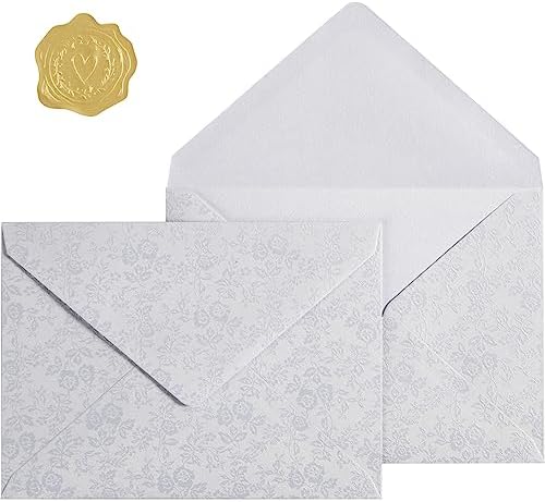 Photo 1 of 100 Pieces A7 Envelopes 5x7 Card Envelopes Vines Flower Texture Pattern V Flap Luxury Mailing Envelopes with Gold Stickers for Invitations, Wedding, Graduation, Baby Shower (White Vines)