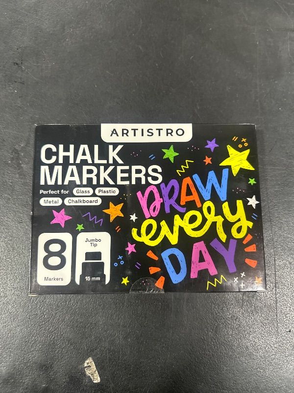 Photo 1 of ARTISTRO Liquid Chalk Markers Pre-Activated, Liquid Chalk Markers Erasable Chalk Markers for Glass or First Day of School Sign, Chalkboard Markers with White Chalk for Kids & Adults (Jumbo Tip, 8)