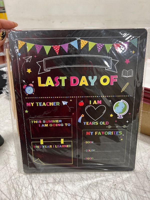 Photo 1 of First Day of School Sign Board, 12 x 10 Inch Double Sided Back to School Sign for Girls Boys, Kindergarten School Supplies + Scratch Paper, First and Last Day of School Chalkboard