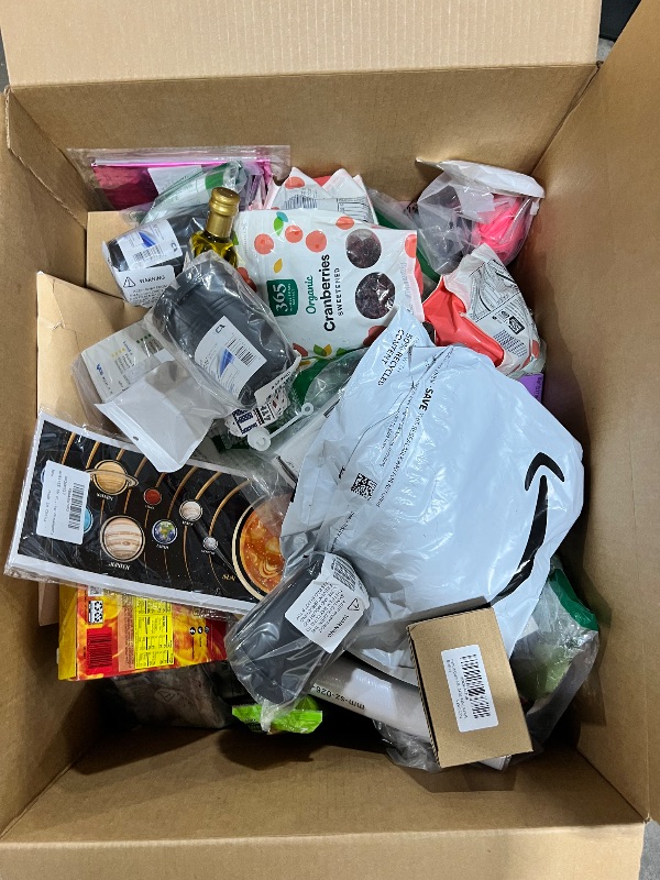 Photo 1 of BOX LOT. NEW AND USED ITEMS. CLOTHES WILL VARY IN SIZE. EXP ON FOOD WILL VARY 