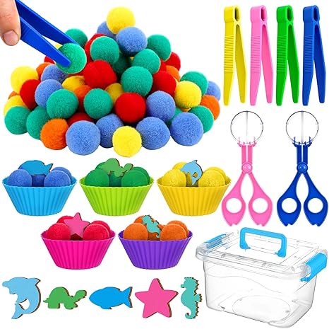 Photo 1 of 147 Pcs Fine Motor Toys Sensory Bin Filler Set of 100 Pompoms 30 Marine Animal Cutouts 10 Sorting Bowls 4 Tweezers 2 Scissors 1 Storage Box for Education Counting Sorting Training Development
