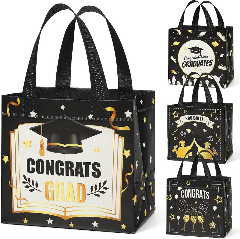 Photo 1 of 16pcs Graduation Gift Bag with Handles Gift Bags for Kindergarten College High School 8th Grade Nursing School Graduation Bags Congrats Grad Party Favor Bags Black Gold Graduation Party Decorations
