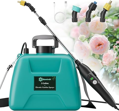 Photo 1 of Battery Powered Sprayer 2 Gallon, Electric Weed Sprayer with 3 Mist Nozzles, USB Rechargeable Handle and Retractable Wand, Garden Sprayer with Adjustable Shoulder Strap,for Yard, Lawn, Garden