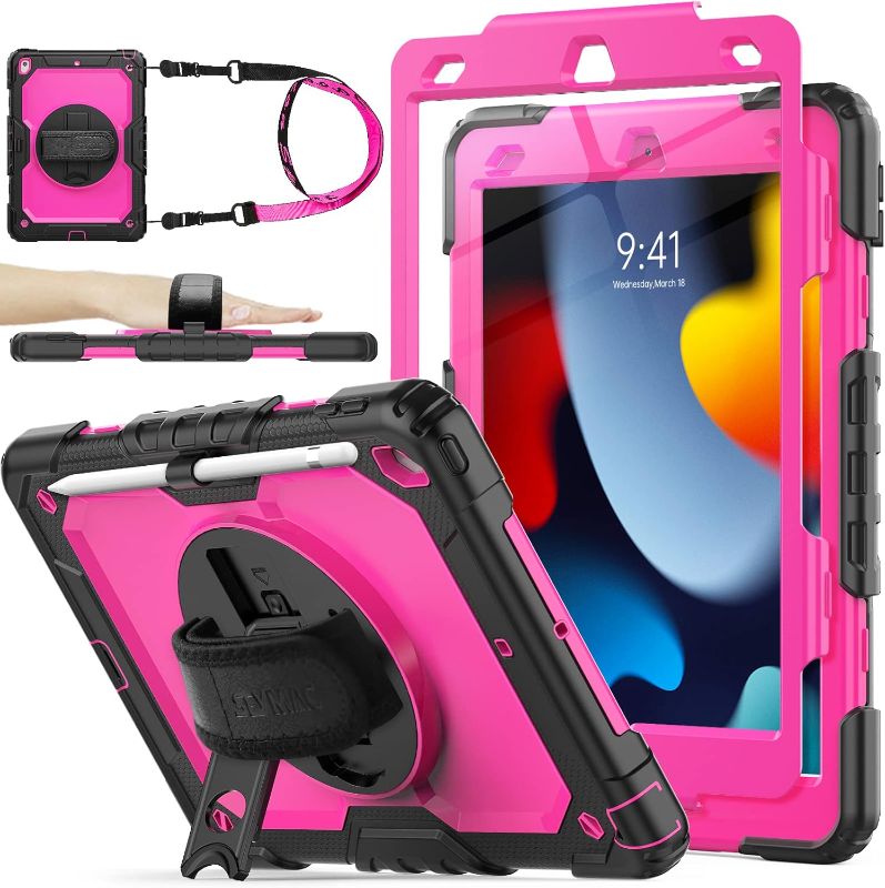 Photo 1 of  SEYMAC stock Case for iPad 9th/ 8th/ 7th Generation 10.2'', Shockproof Case with Screen Protector Pencil Holder [360° Rotating Hand Strap] &Stand, Case for iPad 10.2 inch 2021-2019 (Rose+Black)
