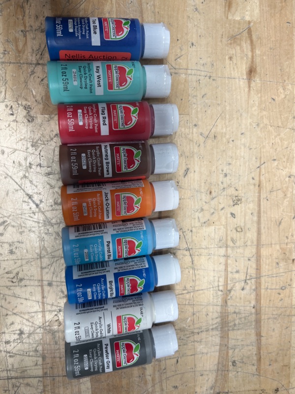 Photo 1 of Apple Barrel Acrylic Paint in Assorted Colors (2 Ounce)
COLORS: TOO BLUE, KEY WEST, FLAG RED, NUTMEG BROWN, JACK-O-LANTERN, PARROT BLUE, BRIGHT BLUE, WHITE,  PEWTER GRAY, CANDY PINK & NEW SHAMROCK