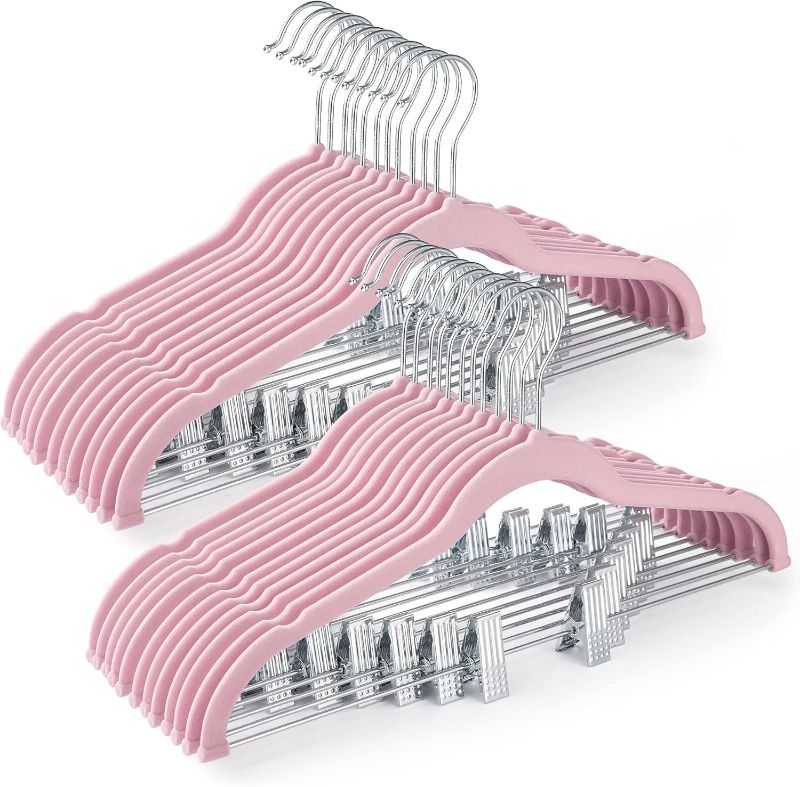 Photo 1 of (READ FULL POST) HOUSE DAY Velvet Skirt Hangers 24 Pack, Pink Velvet Hangers with Adjustable Clips, Space Saving Slim Velvet Pant Hangers, Heavy Duty Shorts Hangers, Non Slip Clip Hangers for Pants, Skirts, Shorts
