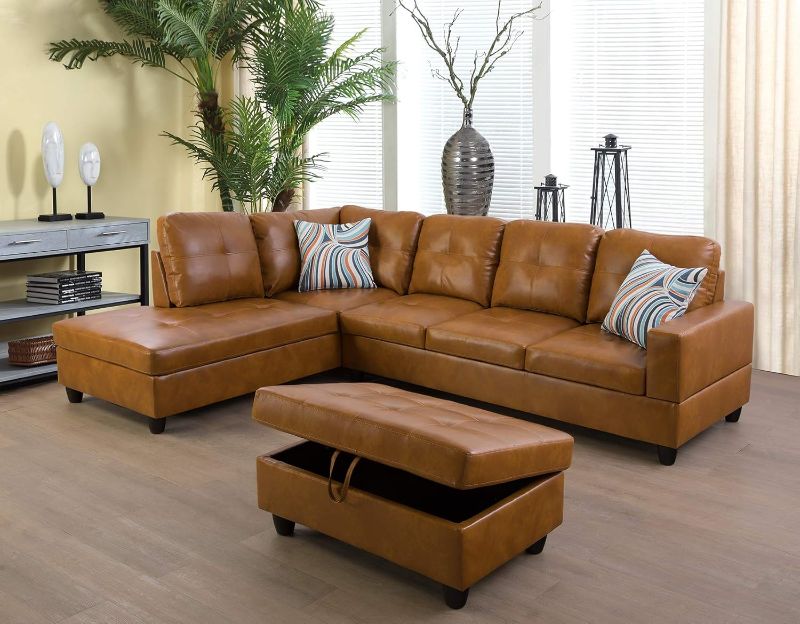 Photo 1 of **incomplete set** LifeStyle Furniture Sectional Sofa Set, Faux Leather Couch with Chaise Longue, Storage Ottoman, 2 Accent Pillows, Left Hand Facing, GingerLifeStyle Furniture Sectional Sofa Set, Faux Leather Couch with Chaise Longue, Storage Ottoman, 2 