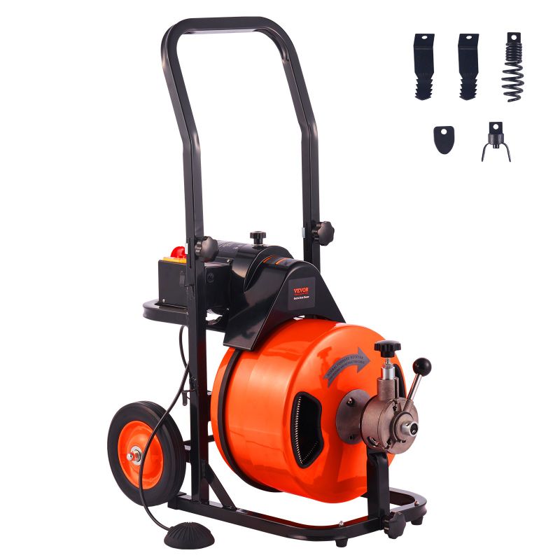 Photo 1 of ***USED - DIRTY * VEVOR Drain Cleaner Machine 50 FT x 1/2 Inch, Sewer Auger Auto Feed with 4 Cutter & Air-activated Foot Switch for 1" to 4" Pipes, Orange, Black
