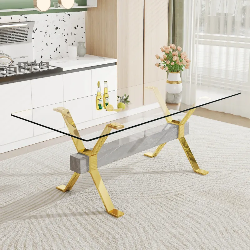 Photo 1 of **INCOMPLETE MIDDLE BRACE ONLY **Dining table. Modern tempered glass dining table. Large modern office desk with gold plated metal legs and MDF crossbars, suitable for both home and office use. Kitchen. 79"x 39"x 30"
