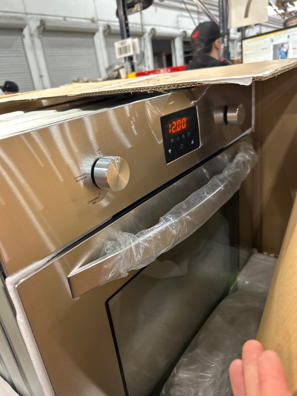 Photo 2 of ****MINOR DAMAGE ON TOP , POWERS ON ***Empava Single Liquid Propane Gas Wall Oven 24 in. 2.3 cu. Ft. Bake Broil Rotisserie Functions with Mechanical Controls and Digital Timer and Convection Fan in Stainless Steel, Silver, 24inches