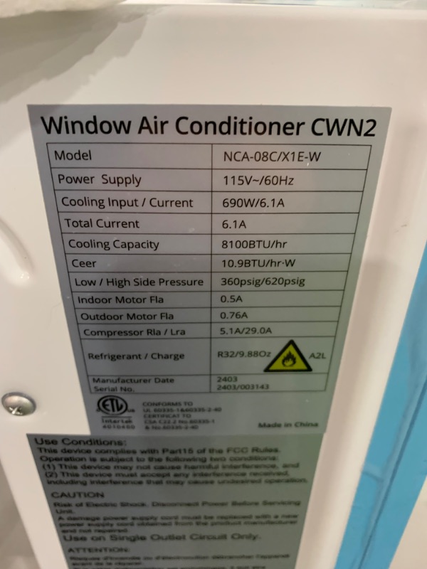 Photo 2 of  8100 BTU WINDOW AIR CONDITIONING UNIT 