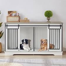 Photo 1 of * MINOR DAMAGE* Rovibek 61'' Double Dog Crate Furniture for 2 Dogs, Large Double Dog Kennel Furniture TV Stand, Heavy Duty Dog Crate, Furniture Style Dog Crate End Table, Wood Crates for Dogs Kennel Indoor