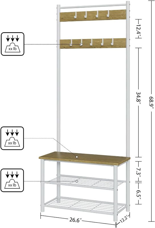 Photo 4 of AEPOALUA Hall Tree with Bench and Shoe Storage, 3-in-1 Freestanding Wooden Coat Rack with Shoe Bench with Metal Frame, 3-Tier Storage Shelf and 5 Removable Hooks, White