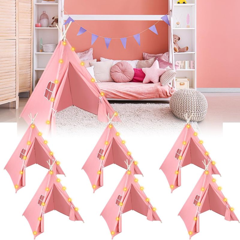 Photo 1 of 6 PCS Pink Kids Teepee Play Tent, Foldable Washable Tipi Tent Kids Boho Tent, Playhouse for Girls Boys Sleepovers Party Birthday Party Slumber Party for Indoor Outdoor Games