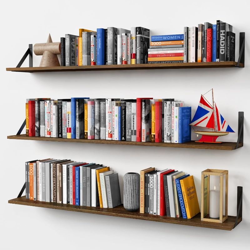 Photo 1 of ***USED**Forbena Large Floating Shelves for Wall 48 Inches Long Set of 3, Rustic Wood Wall Bookshelf for Bedroom Books, Wooden Wall Shelves for Living Room Laundry Closet Kitchen Storage (Dark Brown)