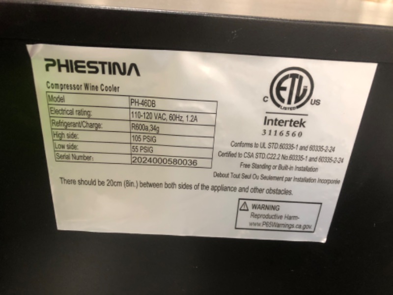 Photo 4 of * MAJOR DAMAGE* MISSING PARTS* Phiestina Wine Refrigerator, 24 inch-46 Bottles Wine Cooler, Built-in Wine Fridge Under Counter or Freestanding Dual Zones, Auto Defrost with 6 Removable Shelves Glass Door for Home Office Bar