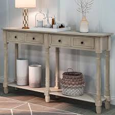 Photo 1 of * MISSING PARTS* 58 in. Gray Wash Standard Rectangle Wood Console Table with Drawers
