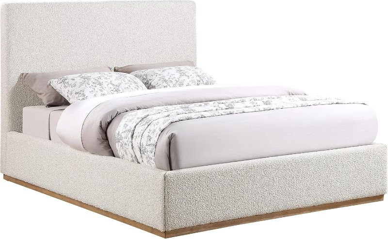 Photo 1 of * 2 XL LARGE BOXES* Meridian Furniture MonacoCream-Q Monaco Collection Modern | Contemporary Boucle Fabric Upholstered Queen Bed with Solid Wood Natural Wire Brush Finish, 65.5" W x 87.5" D x 52" H, Cream, Queen
