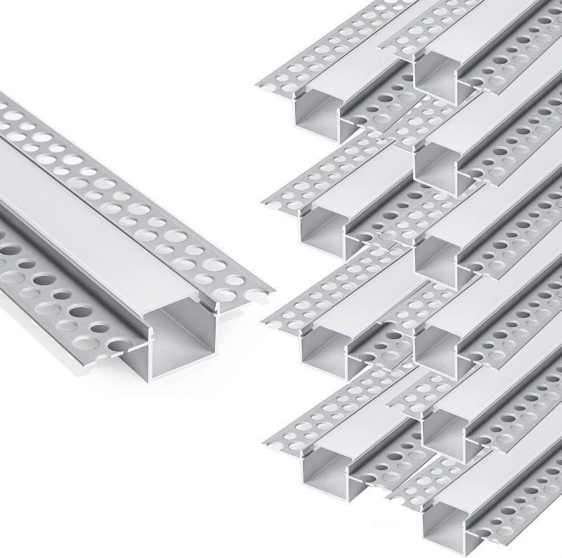 Photo 1 of 10-Pack 6.6ft/2Meter Drywall LED Aluminum Channel System with Milky Cover, End Caps and Mounting Clips, Aluminum Profile for LED Strip Light Installations (Double-Edge-6.6ft, 10)
