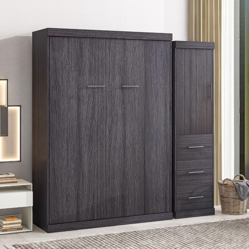 Photo 1 of *MISSING 2 BOXES OUT OF THE 4 ONLY HAVE 3 AND 4** Full Size Murphy Bed Wall Bedframe with Wardrobe and 3 Storage Drawers, Can Be Folded into a Cabinet, Space-Saving for Home Office Small Room, Gray
