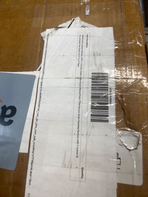 Photo 1 of VEVOR Drain Cleaner Machine 75FT x 1/2 Inch, Sewer Snake Auger Manual Feed, 370W Electric Drain Cleaning Machine with 4 Cutters & Air-activated Foot Switch for 2" to 4" Pipes