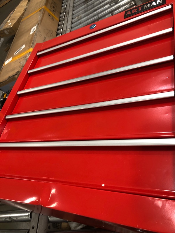 Photo 5 of ***MINOR DENTS SHOWN ****n Rolling Tool Chest, 5-Drawer Rolling Tool Box With Interlock System And Wheels For Garage, Warehouse, Workshop, Repair Shop (Red)