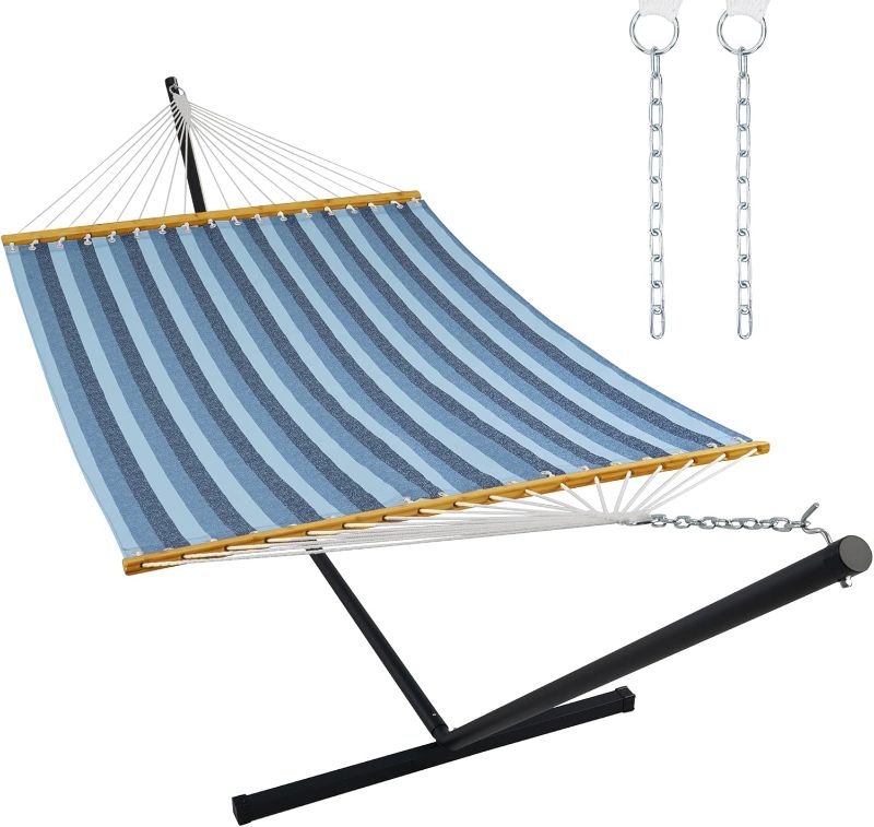 Photo 1 of 12FT Quick Dry Double Size Outdoor Hammock with Stand and Bamboo Spreader Bar, 2 Person Hammock with Chains and Hooks for Patio Garden Poolside Backyard Beach use, 440 lbs Capacity, Blue Stripe