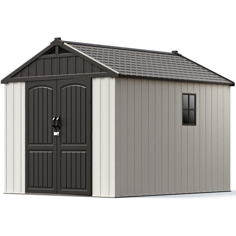 Photo 1 of **see notes** 8' x 10' Plastic Outdoor Storage Shed with Floor, Resin Shed with Window and Lockable Door for Garden, Backyard, Tool Storage Use, Easy to Install in Gray 