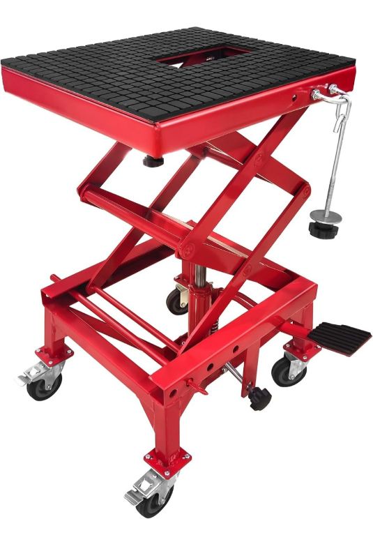 Photo 1 of (MISSING WHEELS) Hydraulic Motorcycle Lift Jack Table, 500 LBS Foot-Operated Motorcycle Scissor Jack Lift with Wide Deck, ATV Dirt Bike Scissor Stand with 4 Wheels