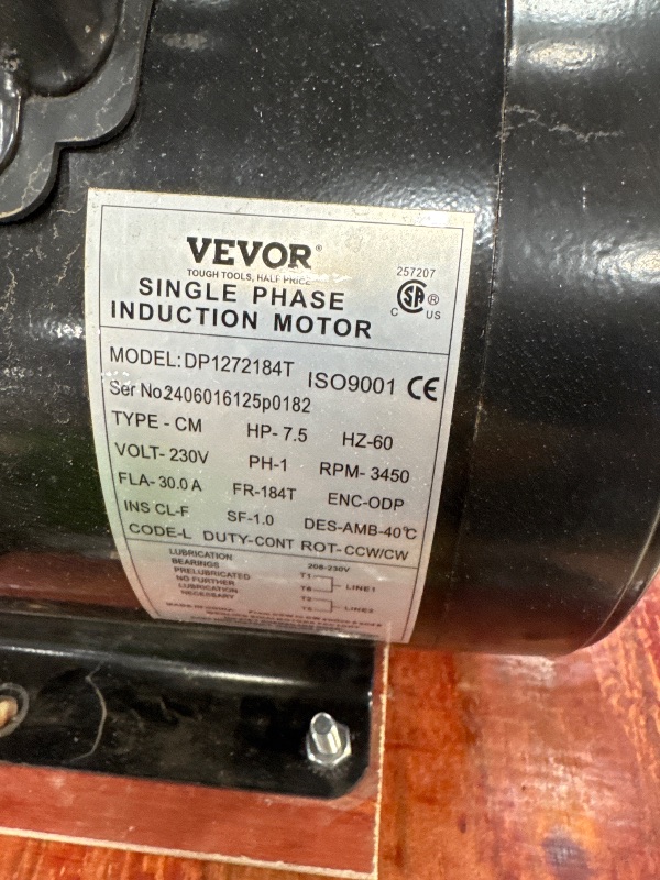 Photo 1 of 7.5 HP Air Compressor Motor, Single Phase Electric Motor ODP 3450RPM 208V-230V 2Pole 1-1/8"Shaft Diameter CW/CCW