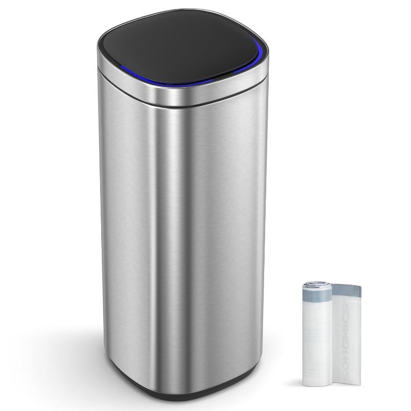 Photo 1 of (READ FULL POST) SONGMICS Trash Can with Motion Sensor, 50L Automatic Kitchen Trash Can, Multi-Color Indicator Light, Lid with Hold Open Function, Steel, Silver LTB620E50