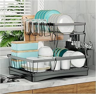 Photo 1 of 
Roll over image to zoom in




Large Dish Drying Rack for Kitchen Counter,Detachable Large Capacity Dish Drainer Organizer with Utensil Holder,2-Tier Dish Drying Rack with Drain Board,Black