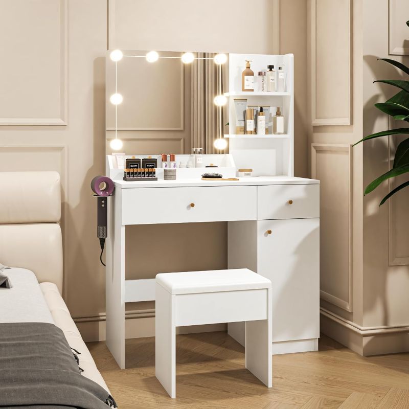 Photo 1 of  (missing hardware)
Vanity Desk with Mirror and Lights, Dimmable LED Makeup Table with Drawers 2 Side Cabinet 3 Storage Shelves Power Outlet Dressing Table Set include Hair Dryer Holder Cushioned Stool for Bedroom white 
