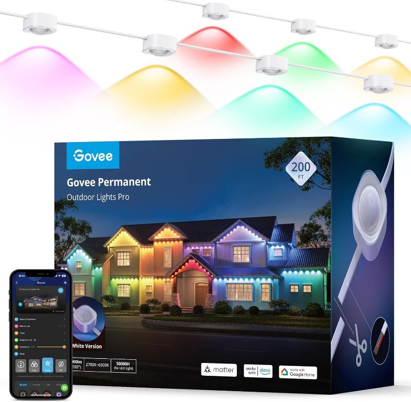 Photo 1 of ***PARTS ONLY*** Govee Permanent Outdoor Lights Pro, 200ft with 120 RGBIC LED Lights for Daily and Accent Lighting, 75 Scene Modes for Christmas, IP67 Waterproof, Works with Alexa, Google Assistant, Matter, White
