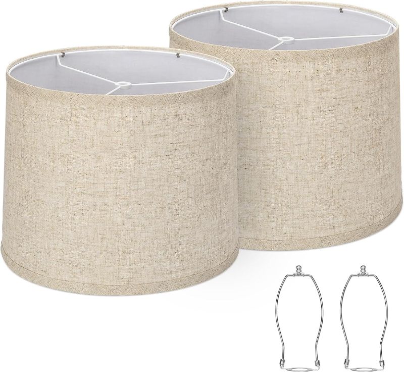 Photo 1 of Lampshades Set of 2, Drum Lampshades 11.6" Top x 12.6" Bottom x 9.8" High, Seaside village Medium Lampshades (Spider Fitter), Beige Lampshades Natural Linen Hand Crafted, Easy Assembly Required