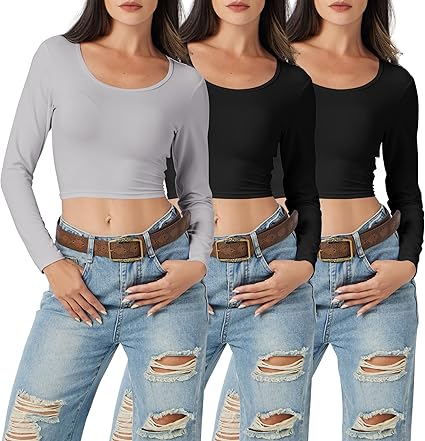 Photo 1 of 3 Pack Women's Long Sleeve Crop Tops Sexy Scoop Neck Slim Fit T Shirts Casual Basic Summer Tops Tees XL