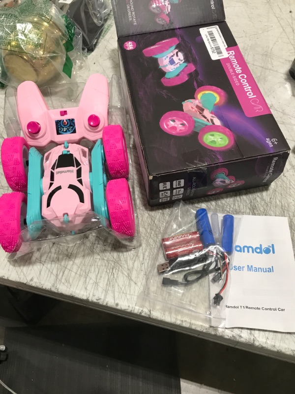 Photo 2 of Hamdol Remote Control Car for Girls Pink RC Car Double Sided 360°Flip Stunt Car with Headlights, All Terrain Tires, Rechargeable Batteries Toy Car for 6 7 8 9 10 11 12 Girls Birthday