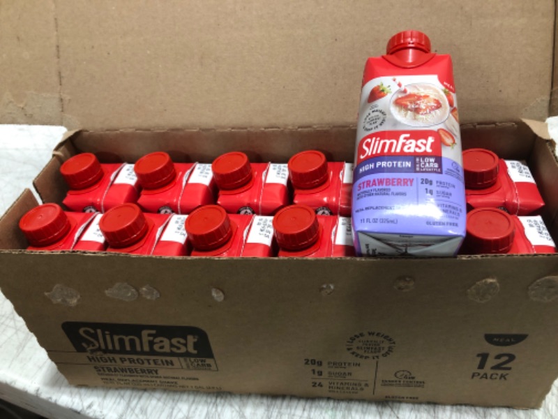 Photo 2 of SlimFast Protein Shake, Strawberry- 20g Protein, Meal Replacement Shake Ready to Drink, High Protein with Low Carb and Low Sugar, 24 Vitamins and Minerals, 11 Fl Oz (Pack of 12) Exp 07/05/2025