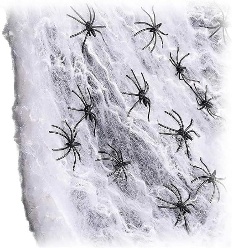 Photo 1 of 1000 sqft Black Spider Webs Halloween Decorations 60 Fake Spiders Stretchy Cobwebs for Halloween Indoor Outdoor Decor Webbing Aesthetic Simple Halloween Haunted House Bush