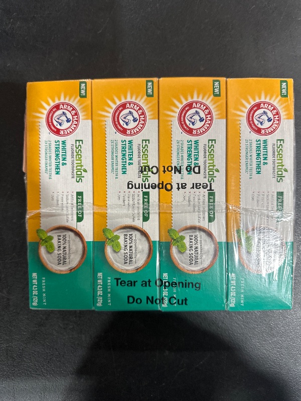 Photo 2 of ARM & HAMMER Essentials Whiten & Strengthen Fluoride Toothpaste-4 Pack of 4.3oz Tubes, Fresh Mint- 100% Natural Baking Soda- Fluoride Toothpaste