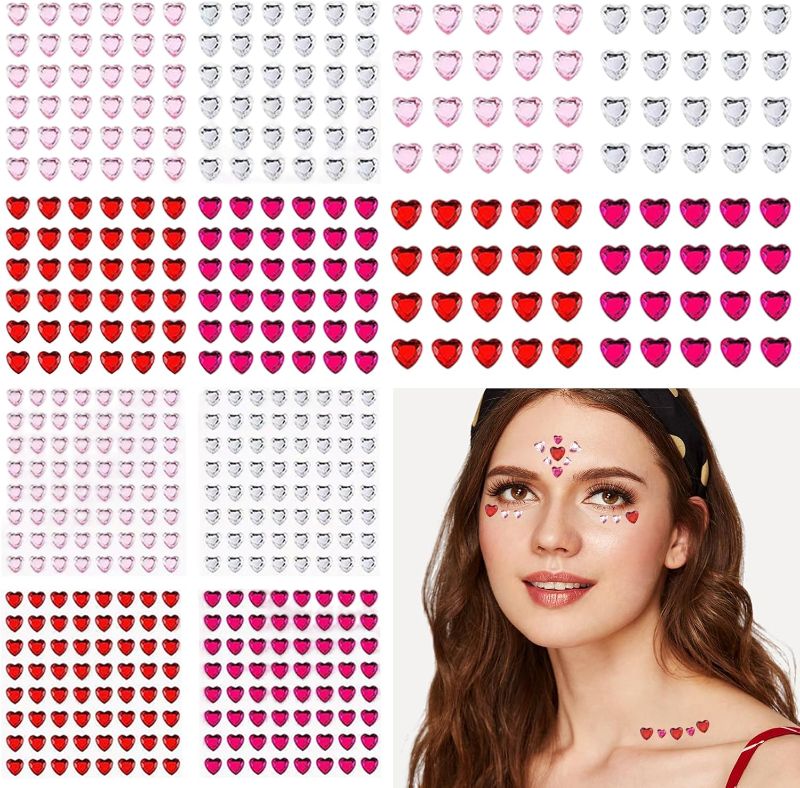 Photo 1 of 12 Sheet Heart Gem Stickers, 4 Color Flat Back Self Adhesive Heart Rhinestone Stickers Heart Face Gems Crystal Stickers Valentines Makeup Phone Case Cup...
