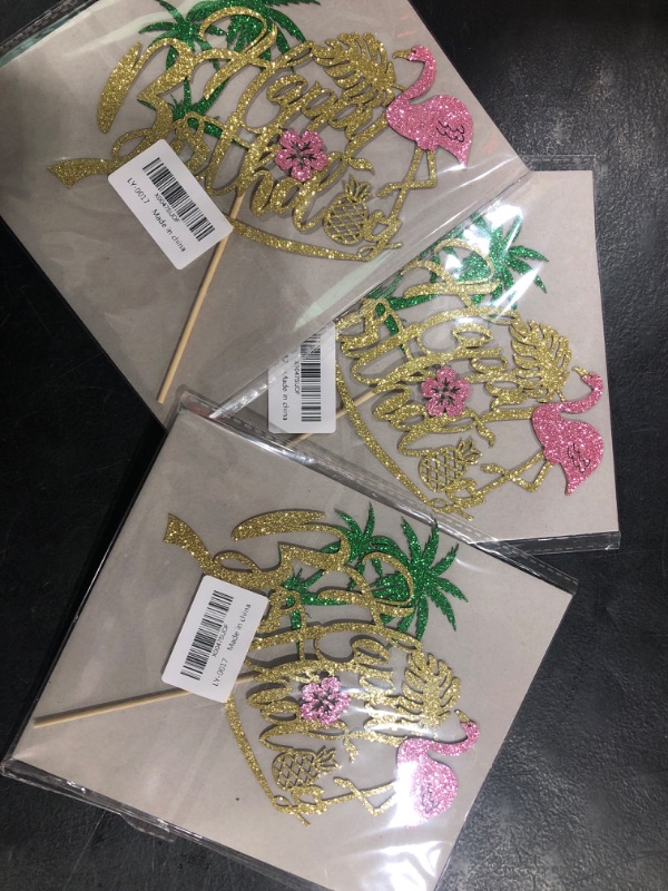 Photo 2 of 1 Pack Happy Birthday Cake Topper Tropical Hawaiian Luau Cake Pick Glitter Flamingo Flower Plam Leave Pineapple Cake Decoration for Summer Baby Shower Birthday Party Supplies (Flamingo HP) (3 Pack)