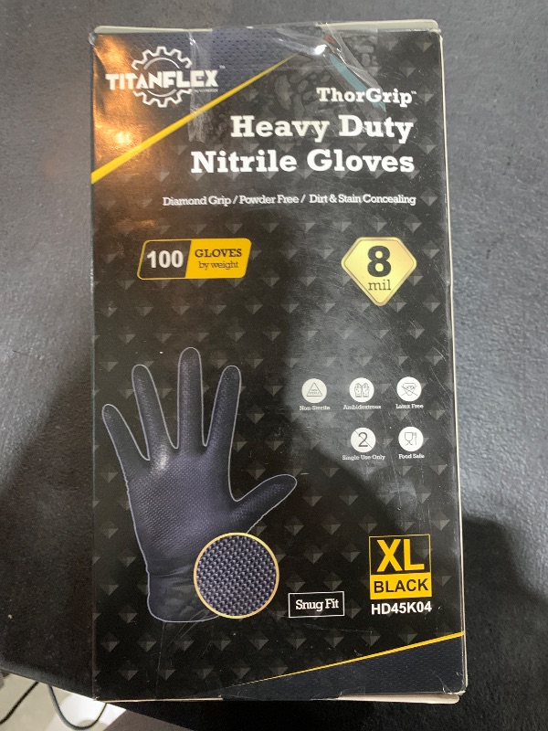 Photo 2 of TitanFlex Thor Grip Heavy Duty Black Industrial Nitrile Gloves, 8-mil, XL, Box of 100, Latex Free, Raised Diamond Texture, Powder Free, Food Safe, Rubber Gloves, Mechanic Gloves