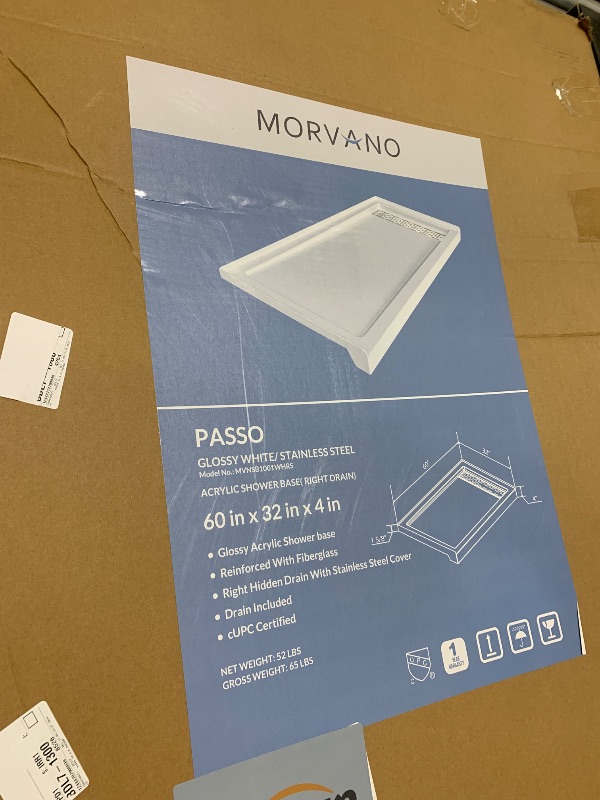Photo 1 of MORVANO Shower Base Pan 60" x 32"x 4" Right Drain Including Polished 304 Stainless Steel Right Drain Cover,Acrylic Shower Base Non-Slip in White for Bathroom,Drain included