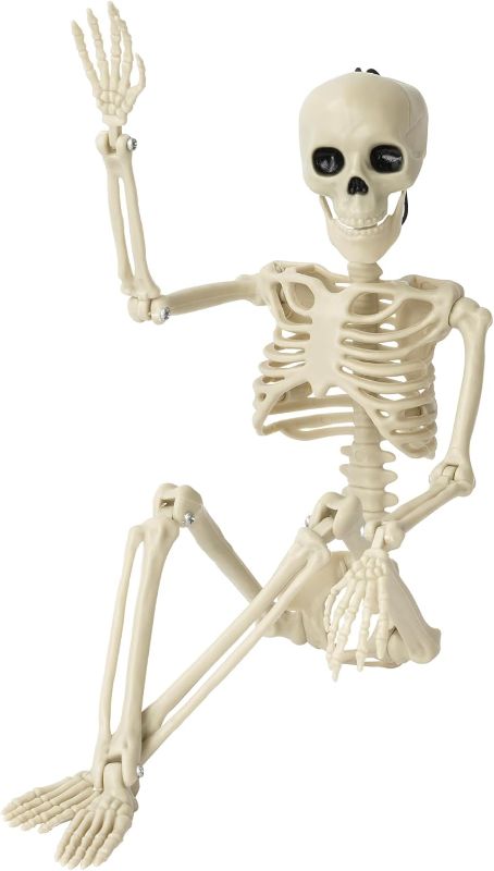 Photo 1 of 1 Pack Halloween Skeleton Decorations,  Halloween Full Body Mini Skeleton with Movable Posable Bones,Spooky Skeleton for Halloween Party Decor, Halloween Yard Graveyard Haunted House Props
